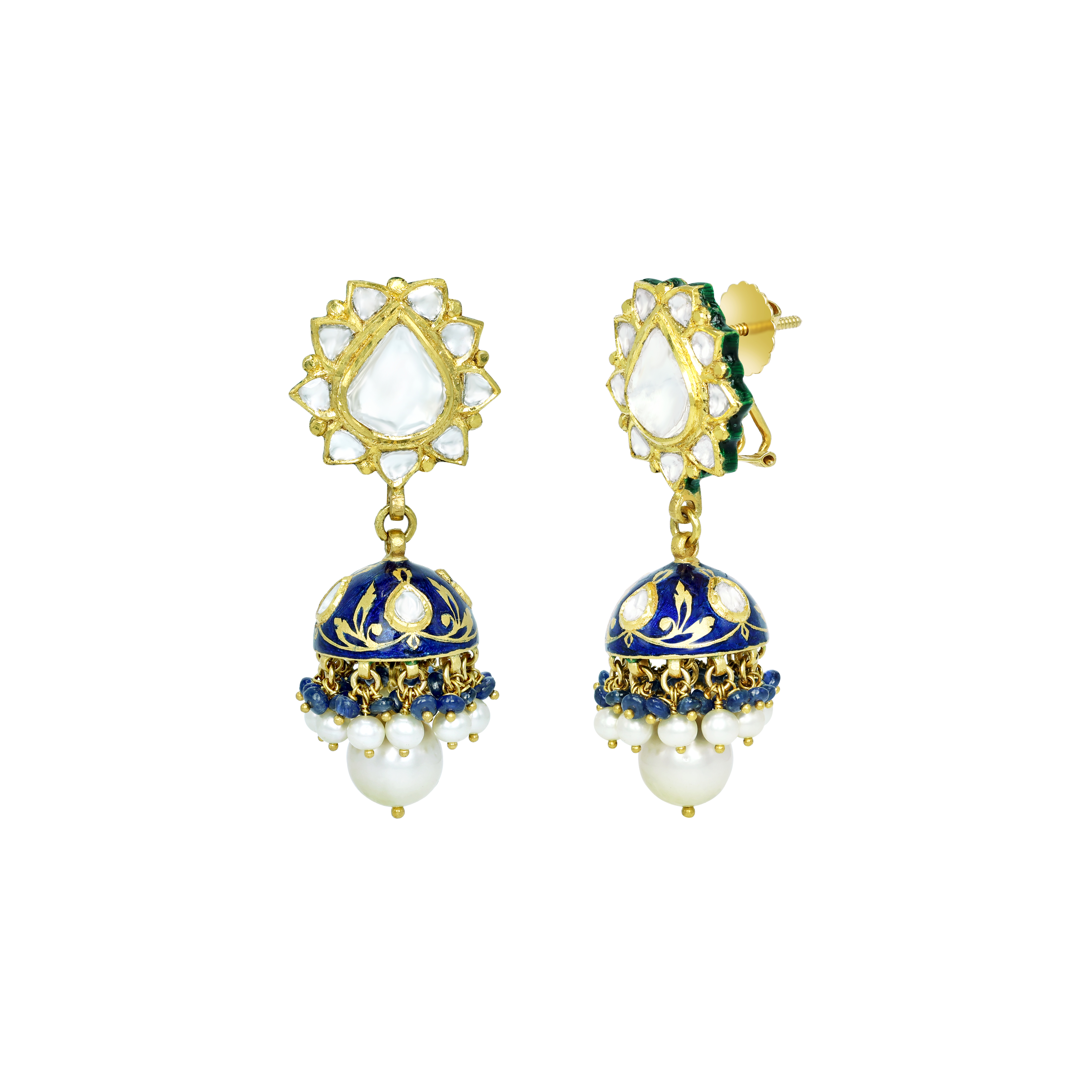 Jhumki Earrings with Blue Enamel, Polki Florals, and Pearl Details